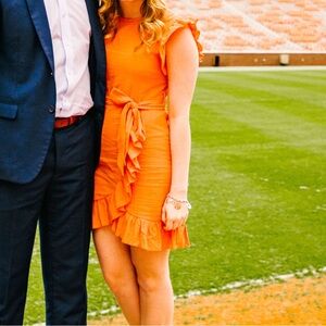 Orange Mock-Wrap Dress with Ruffle Sleeves and Skirt, Belt Tie